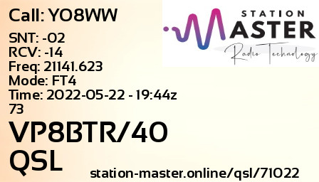 QSL Card for VP8BTR/40 QSO with YO8WW