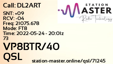 QSL Card for VP8BTR/40 QSO with DL2ART