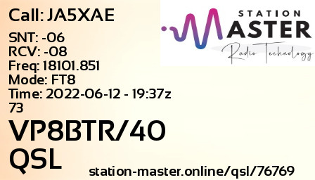 QSL Card for VP8BTR/40 QSO with JA5XAE