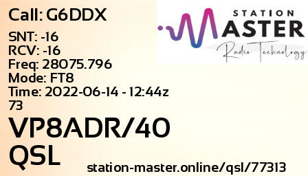 QSL Card for VP8ADR/40 QSO with G6DDX