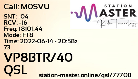 QSL Card for VP8BTR/40 QSO with M0SVU