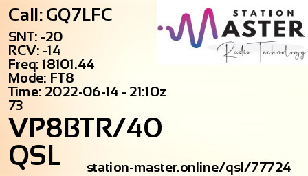 QSL Card for VP8BTR/40 QSO with GQ7LFC