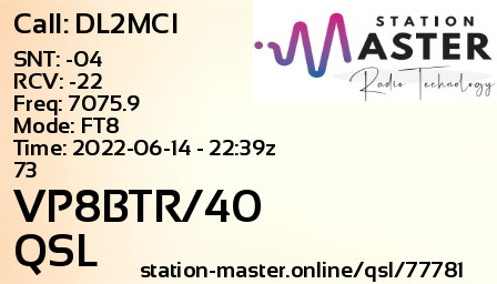QSL Card for VP8BTR/40 QSO with DL2MCI