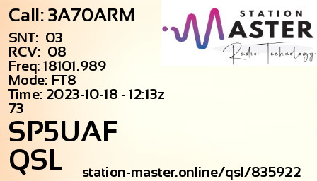 QSL Card for SP5UAF QSO with 3A70ARM