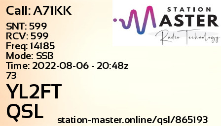 QSL Card for YL2FT QSO with A71KK