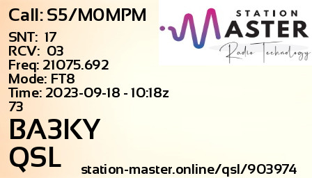 QSL Card for BA3KY QSO with S5/M0MPM