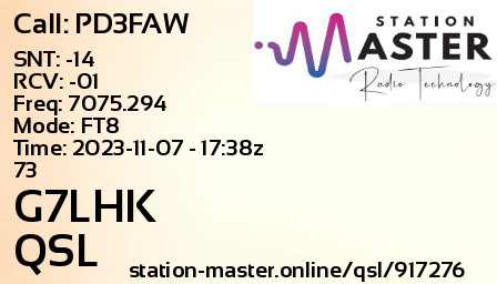 QSL Card for G7LHK QSO with PD3FAW