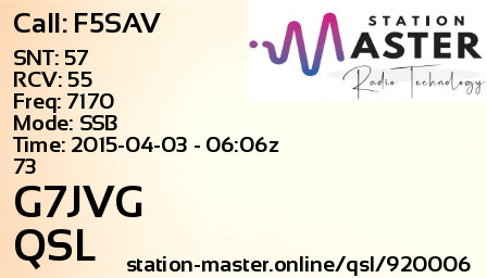 QSL Card for G7JVG QSO with F5SAV