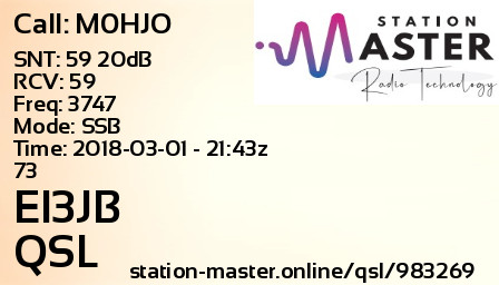 QSL Card for EI3JB QSO with M0HJO
