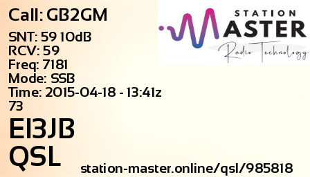 QSL Card for EI3JB QSO with GB2GM